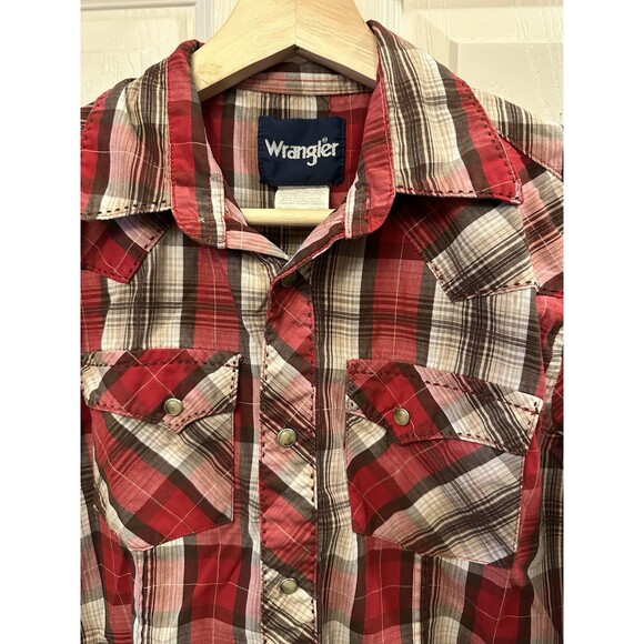 Wrangler Boys L Shirt‎ Pearl Snap Red Brown Plaid Western Cowboy Stitched Pocket - Picture 3 of 10